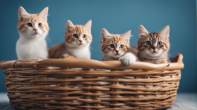 Un hiperrealista, un grupo de gatos en una canasta. Fondo azul.