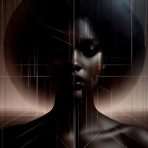 Foto hiperrealista hermosa mujer negra en una atmósfera de mal humor oscuro con líneas abstractas y geométricas