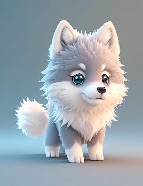 Un hiperrealista y lindo lobo de anime con fondo gris de dibujos animados