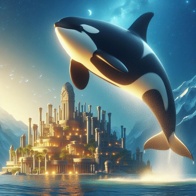 Hiperrealista majestuoso gran animal salvaje Orca ballena asesina nadando en el mar azul