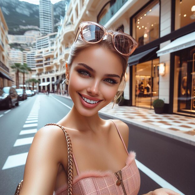 Hiperrealista mujer belleza reina de compras dama chica en Mónaco con bolsas y sonrisa en la cara