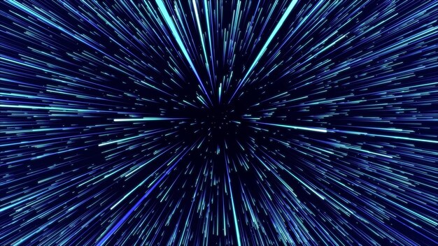 Hipersalto azul abstracto Hiperespacio digital con flujo de partículas brillantes Movimiento de rayos en la galaxia Explosión de grandes estrellas Túnel brillante del espacio moviéndose a la velocidad de la luz Rendering 3D