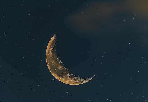Hipnotizante céu noturno uma lua crescente iluminada entre as estrelas e nuvens um símbolo de tranquilidade e o universo misterioso