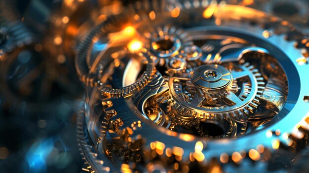 Una hipnotizante imagen renderizada en 3D de un mecanismo de reloj abstracto Los intrincados engranajes y ruedas están hermosamente diseñados destacando la precisión y complejidad de la cronometraje.