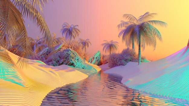 Una hipnotizante imagen renderizada en 3D de un oasis del desierto fractal que muestra los intrincados patrones y colores vibrantes que se encuentran en este paisaje místico perfecto para agregar un toque de asombro