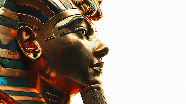 Una hipnotizante representación en 3D de un antiguo faraón que exuda elegancia y poder real con una meticulosa atención al detalle, la obra de arte captura el aura enigmática del faraón que transporta a la vista.