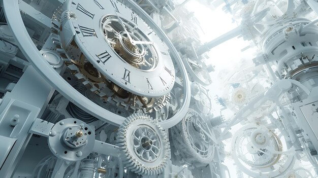 Foto una hipnotizante representación en 3d de un colosal mecanismo de reloj flotando en un espacio abstracto que muestra engranajes y engrenajes intrincados con precisión surrealista el tiempo trasciende a medida que el espectador está