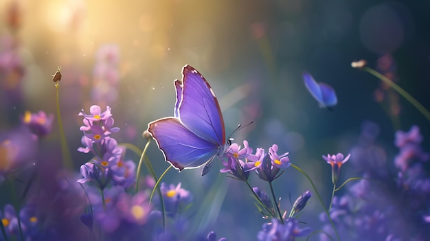 Una hipnotizante representación de Pixar de una mariposa púrpura soñadora volando con gracia en medio de un vibrante jardín de flores Transcende la realidad con esta imagen encantadora