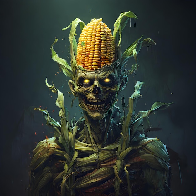 hipnotizante representación de pixel art de un tallo de maíz convertido en zombi