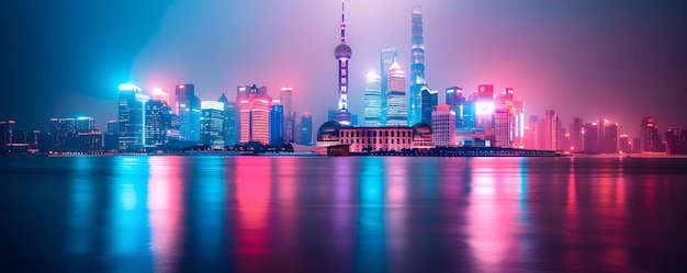 El hipnotizante río Huangpu Una espectacular vista nocturna del distrito financiero y el horizonte de Shanghai39 en China Fotografía conceptual del paisaje urbano siluetas del horizonte luces nocturnas