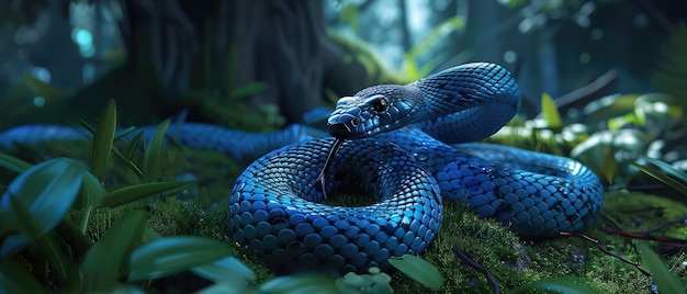 Foto la hipnotizante serpiente azul enrollada en el paisaje de la selva