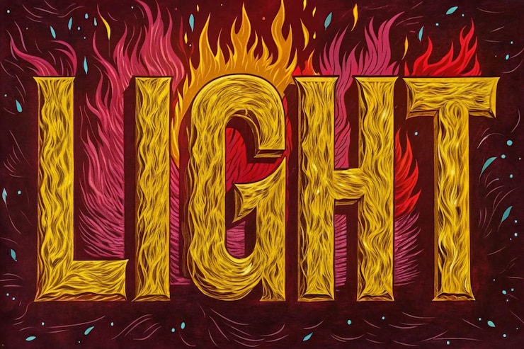 Foto hipnotizante tipografía de luz 3d con patrones de llamas vibrantes en un fondo oscuro llamativo
