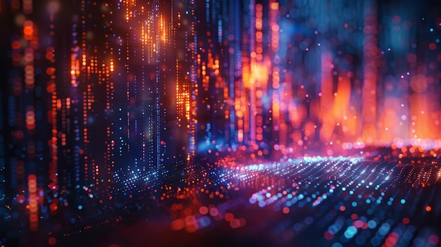Una hipnotizante visualización abstracta de un flujo de datos digitales con partículas brillantes que representan el