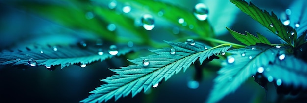 Hipnotizantes hojas de marihuana en 3D con gotas de rocío en la niebla matutina capturadas en ultra alta definición