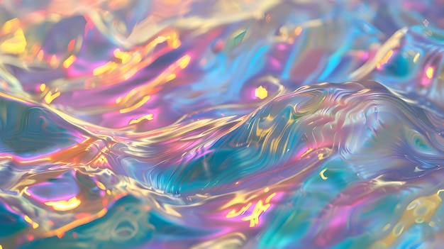 Hipnotizantes ondas holográficas de tonos iridescentes ondulando en un espacio digital 3D