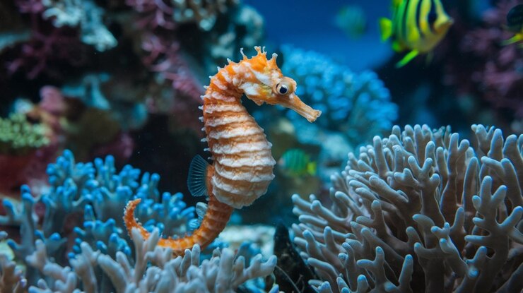 Hipocampo do cavalo-mar do Mediterrâneo com uma variedade de coral marinho colorido debaixo d'água