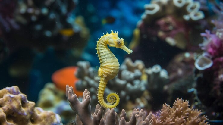 Hipocampo do cavalo-mar do Mediterrâneo com uma variedade de coral marinho colorido debaixo d'água