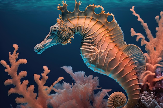 Hipocampo, um tipo de cavalo-marinho nadando no oceano com fundo de coral