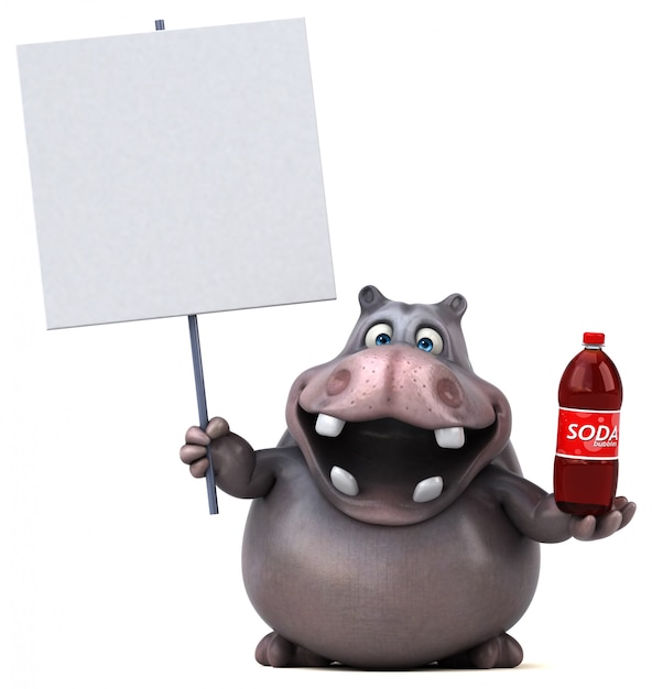 hipopótamo 3d engraçado segurando um cartaz e uma garrafa de refrigerante