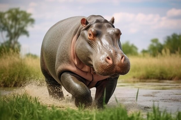 Foto hipopótamo a caminhar num campo verde