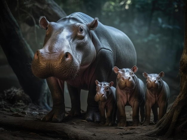 Hipopótamo adulto com IA generativa de bebês