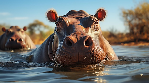 hipopótamo en el agua con la cabeza levantada