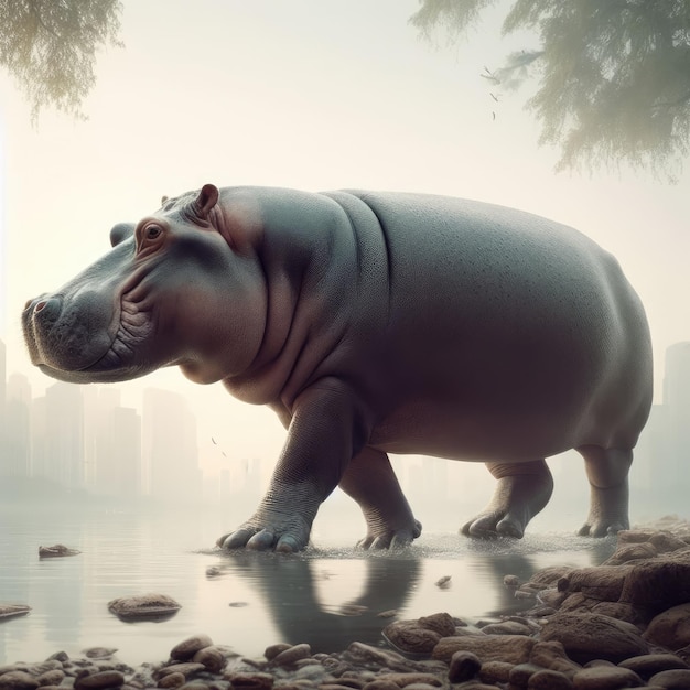 hipopótamo en el agua y la niebla