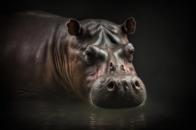 Hipopótamo en agua sobre un fondo negro IA generativa