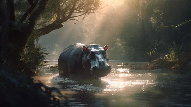 Hipopótamo en el agua con el sol brillando a través de los árboles.