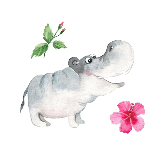 Hipopótamo bebê fofo e hibisco isolados em fundo branco ilustração desenhada à mão em aquarela