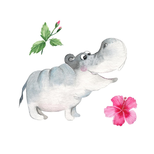 Hipopótamo bebê fofo e hibisco isolados em fundo branco Ilustração desenhada à mão em aquarela