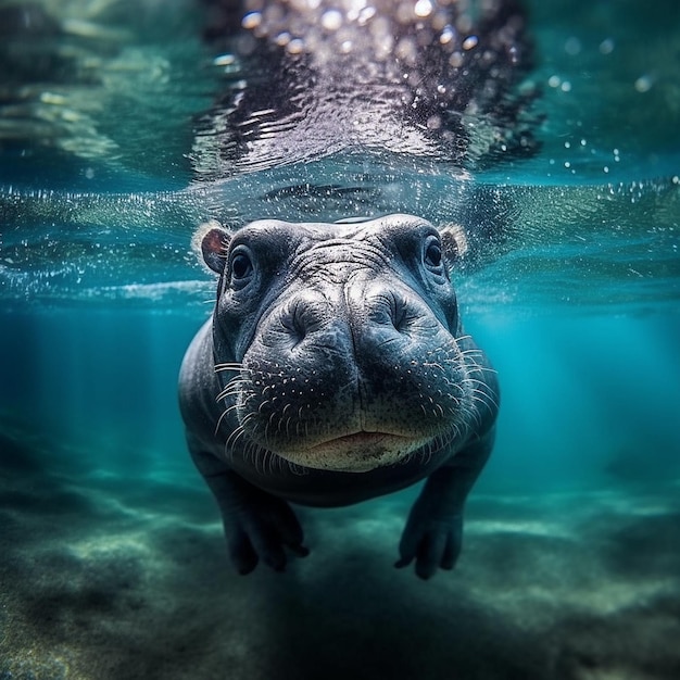 hipopótamo fofo sweeming em água azul e segurando uma melancia