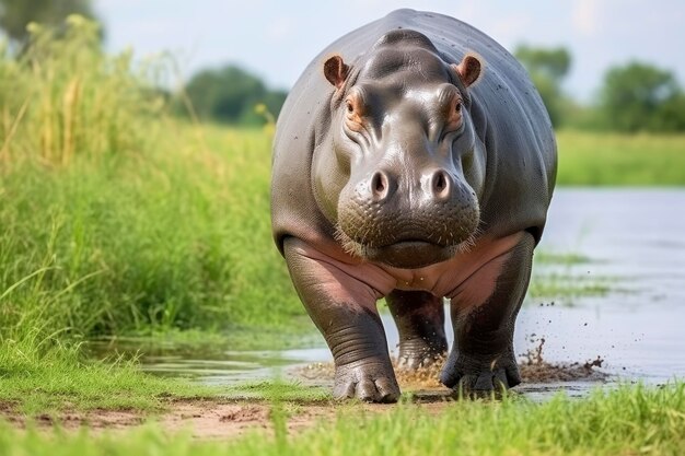 Hipopótamo caminando en un campo verde