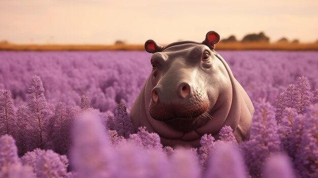 un hipopótamo en un campo de lavanda con la palabra hipopótamos en él