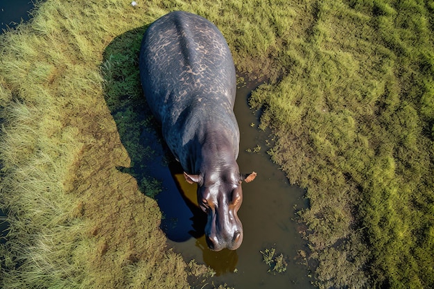 Un hipopótamo en un charco de agua
