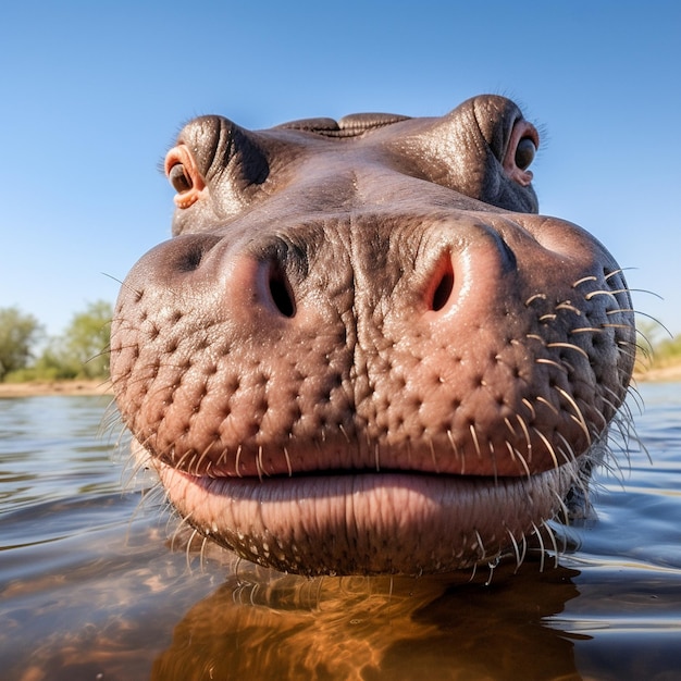 Hipopótamo cheirando o rosto da câmera potrait