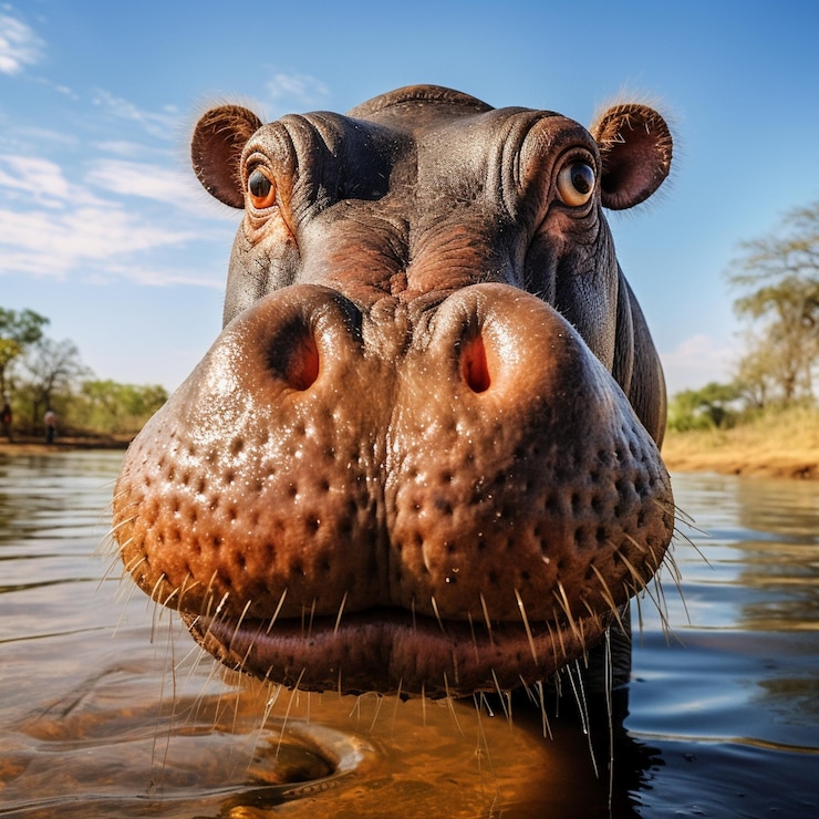 Foto hipopótamo cheirando o rosto da câmera potrait