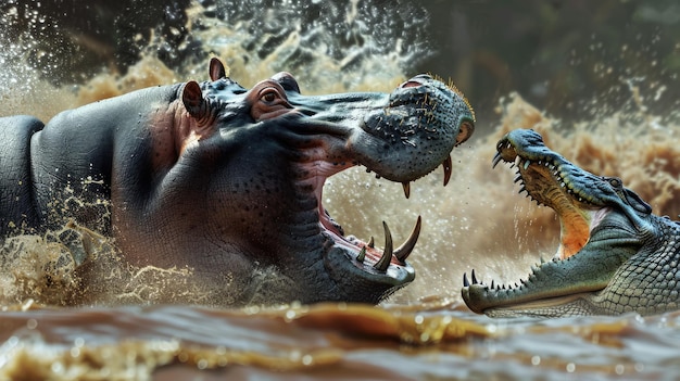 Hipopótamo y cocodrilo luchando en el río depredadores batalla ai generado