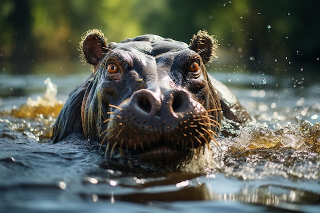 El hipopótamo común Hippopotamus amphibius o hipopótamo tumbado en el agua IA generativa