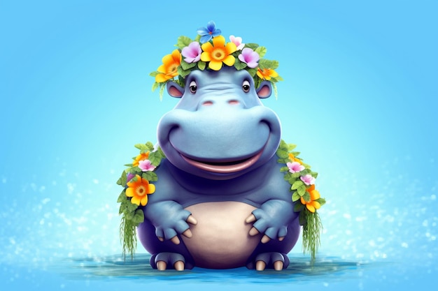 Un hipopótamo de dibujos animados con una corona de flores en la cabeza