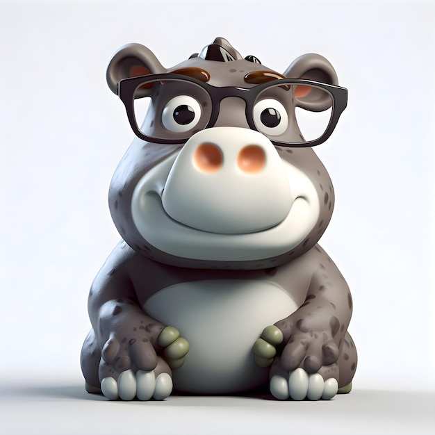 Hipopótamo de dibujos animados con gafas sentado sobre fondo blanco ilustración 3D