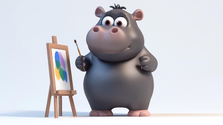 Foto un hipopótamo de dibujos animados pintando una obra de arte colorida en un caballete