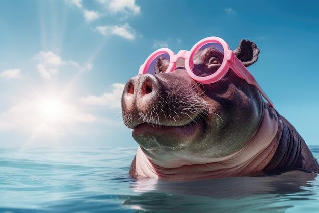 Hipopótamo feliz con gafas rosadas nadando en el mar en un clima soleado