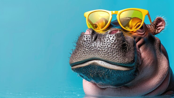 Hipopótamo fresco con gafas de sol sobre un fondo azul con espacio de copia Bandera para agencias de viajes y excursiones en África