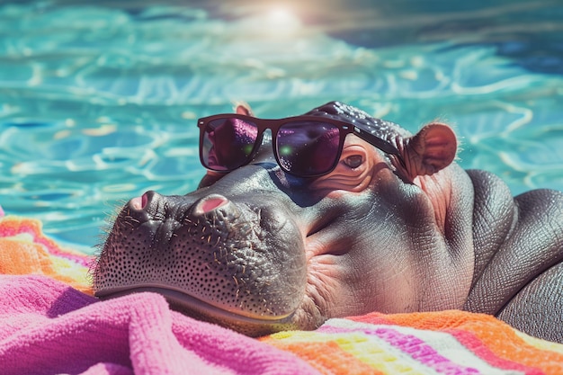 un hipopótamo con gafas de sol en el concepto de vacaciones de verano de la piscina