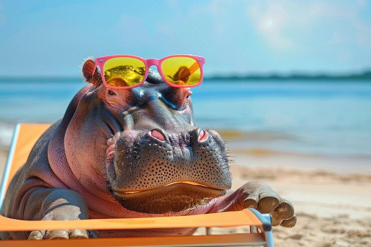 Hipopótamo con gafas de sol en una silla de sol en la playa relajándose en las vacaciones de verano Banner para agencias de viajes y vacaciones con espacio de copia