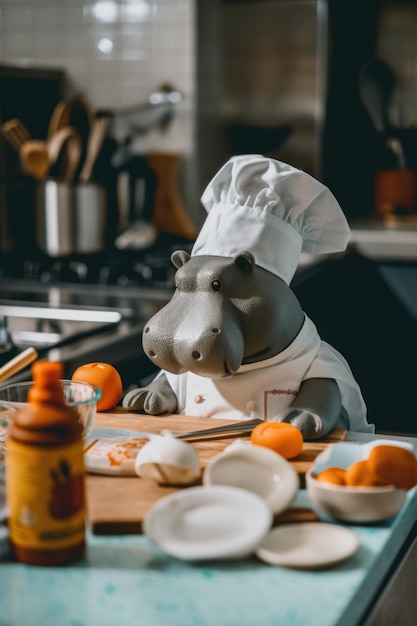 Un hipopótamo con gorro de cocinero sentado en la encimera de la cocina Imagen generativa de IA