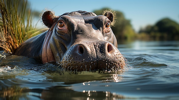 Foto hipopótamo na água com fundo de céu
