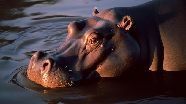Un hipopótamo nadando en el agua con la cabeza fuera del agua