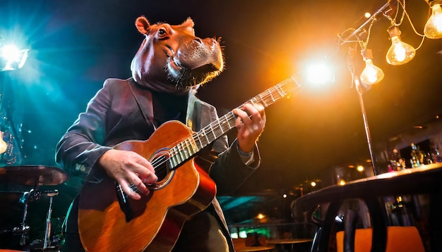 Foto hipopótamo salvaje tocando música con su guitarra en un bar para entretenimiento